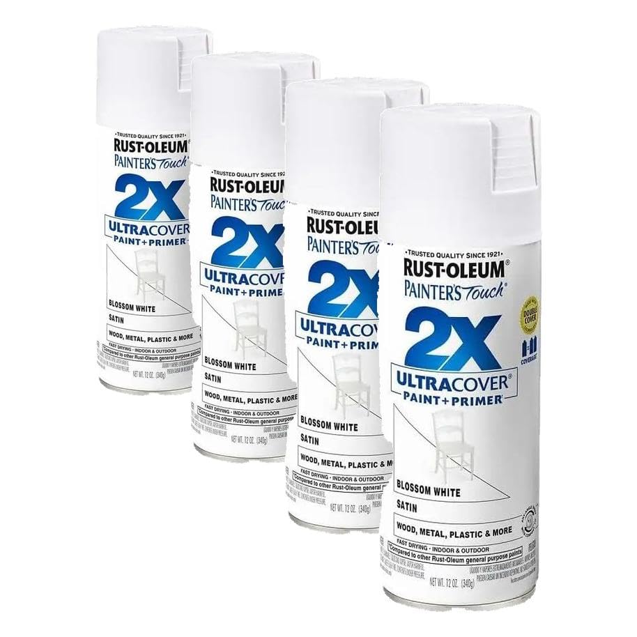 Rust-Oleum 346950 Painter's Touch 2X Ultra Cover Spray Paint, 12 oz, Satin Blossom White (Pack of 4) - color: Satin Blossom White, size: 12 Ounce (Pack of 4)