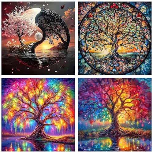 4 Pack Diamond Art Kits for Adults, Tree of Life Diamond Painting Kits | Tree of Life Diamond Art Painting Kits for Adults Beginners, DIY Round Full Drill Diamond Art Dots Kits, Home Decor 12x12 in - color: 4 Pack Tree of Life, size: 11.8x11.8in(30x30cm)