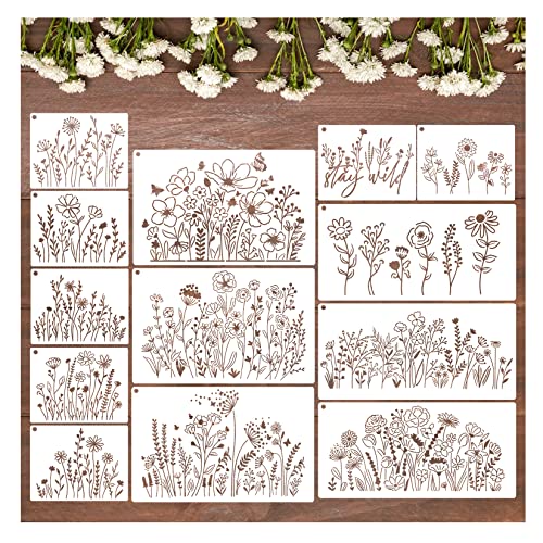 13 Pieces Wildflower Stencils Flower Stencils for Painting Wood, Reusable Spring Floral Field Plants Wild Flower Stencil for Crafts Wall Canvas Fabric Paper DIY Furniture Card
