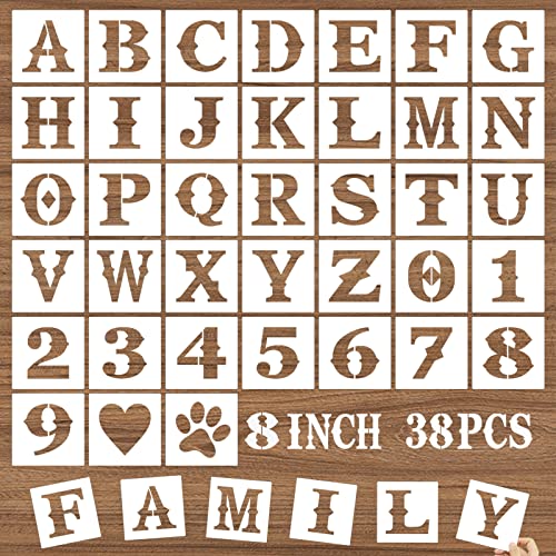 8 Inch Letter Stencils and Numbers, 38 Pcs Alphabet DIY Craft Stencils, Reusable Plastic Drawing Templates for Painting on Wood, Wall, Fabric, Rock, Floor, Signage, Door Porch - size: 8 Inch