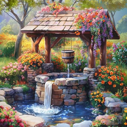 GEWOUVIN Garden Well Diamond Art Kits for Adults,Diamond Painting Kits for Adults Beginners, DIY Full 5D Round Drill Gem Art Kits for Gift Home Wall Decor【13.8x13.8inch】 - color: Garden Well