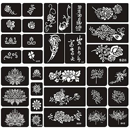 Henna Lotus Tattoo Templates Kit, 6 Sheets | 32pcs Patterns, Large Indian Arabian Flower Designs, Self Adhesive, For Hand Arm Body Art Paint