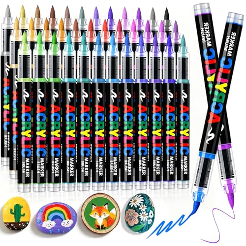 Acrylic Paint Markers Brush Tip 36 Colors, Soft Brush Tip Acrylic Paint Pens with Automatic Ink Control, Water-Based No-Bleed Paint Markers for Rock Painting Fabric Wood Ceramic Metal DIY Crafts - color: 36 Color Acrylic Paint Markers