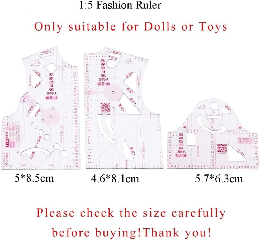 3 Piece Clear Set Doll Clothes Ruler Tailor Garment Cloth Sewing Tool Design French Curve Drafting Template 1:5 Fashion Tools Measure for Dressmaking Pattern Design Tape Measures and Rulers