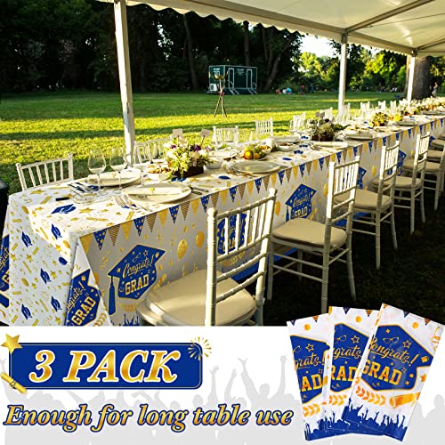 Kinlop 3 Pcs Graduation Tablecloths Class of 2026 Graduation Party Decoration Supplies 51 x 108 Plastic Congrats Grad Table Covers Disposable Graduate Tablecloths(Blue, Gold) - color: Blue, Gold