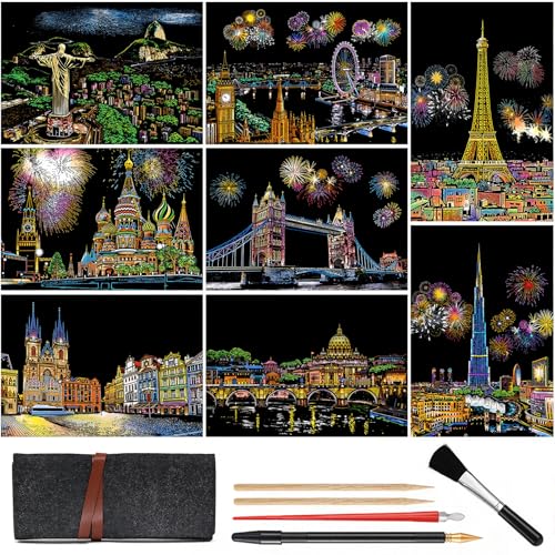8-Sheet Rainbow Scratch Art with Tools for Adults & Teens, A4 Landmarks - color: Gray