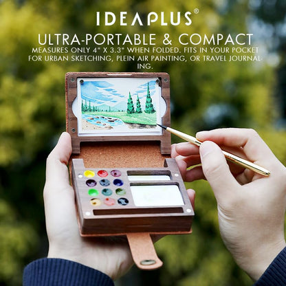 IDEAPLUS Walnut Folio Watercolor Kit, Leather Cover 12-Well Wood Travel Paint Set, Includes Collapsible Brass Brush, Spray Bottle, Sponge, Portable Art Sketching Box for Artists
