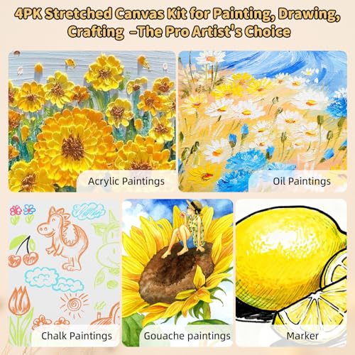 4-Pack 24x24 Square Stretched Canvas Cotton for Oil & Acrylic (60 x 60 cm) | 380gsm 100% cotton, triple acid-free gesso, no bleed warp resistant, for mixed media - size: 4PK - 24"x24"