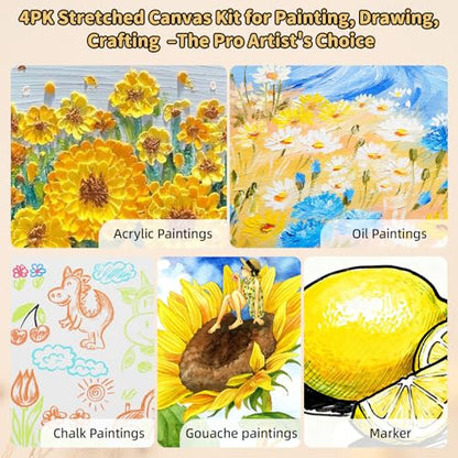 4-Pack 24x24 Square Stretched Canvas Cotton for Oil & Acrylic (60 x 60 cm) | 380gsm 100% cotton, triple acid-free gesso, no bleed warp resistant, for mixed media - size: 4PK - 24"x24"