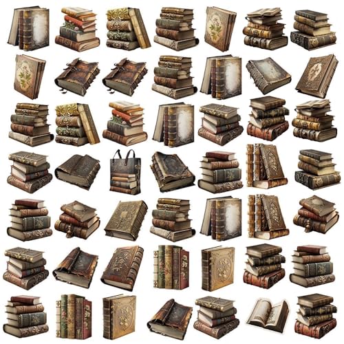 50Pcs Vintage Stickers,Waterproof Vinyl Aesthetic Decorative Sticker Scrapbooking Supplies for Adult Card Making Letters Planner Journaling Junk Journal DIY Water Bottles Cards Art Craft.Books - color: Book