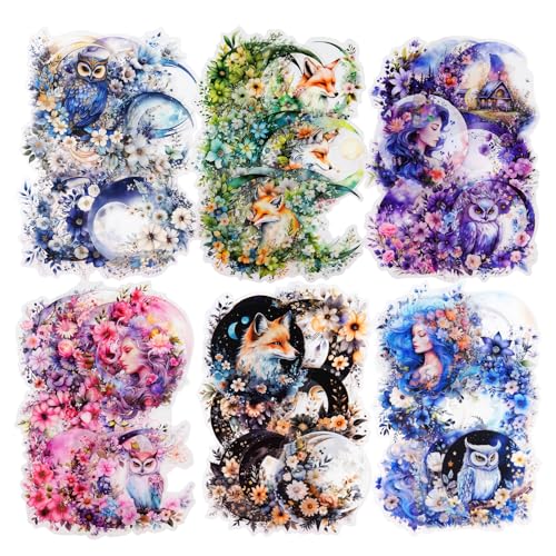 120Pcs Moon Floral PET Stickers, Scrapbook Stickers Kit for Journaling, Ephemera Packs for Junk Journals - color: Moonlit Garden