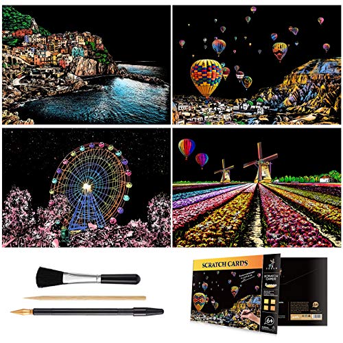 4-Sheet Rainbow Scratch Art with Tools for Adults & Teens, A4 Scenic Design - color: Europe