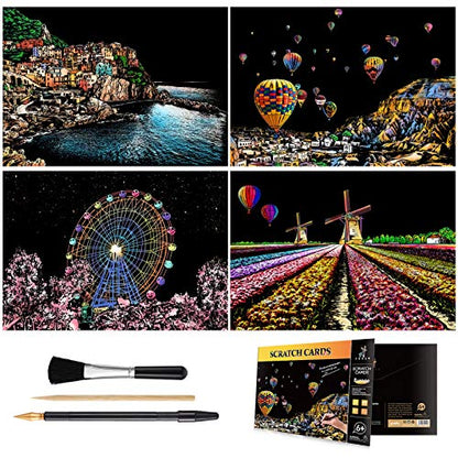 4-Sheet Rainbow Scratch Art with Tools for Adults & Teens, A4 Scenic Design - color: Europe