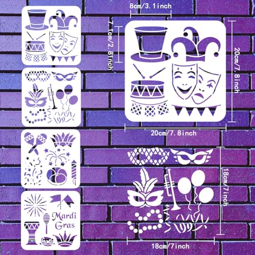 FINGERINSPIRE 4PCS Mardi Gras Painting Stencil 7.9x7.9inch Large Drums Balloons Colorful Ribbons Drawing Template Musical Instruments Flags Stencil for Painting Reusable Mardi Gras Words Template - color: Mardi Gras