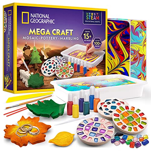 National Geographic Mega Arts and Crafts Activity Kit for Kids Ages 8-12 | Mosaic Art, Marbling Paint and Air-Dry Clay, 3 Craft Kits, 19 Art Projects, 100+ Components, Creative Birthday Gift - style: Clay, Mosaic & Paint Marbling Kits