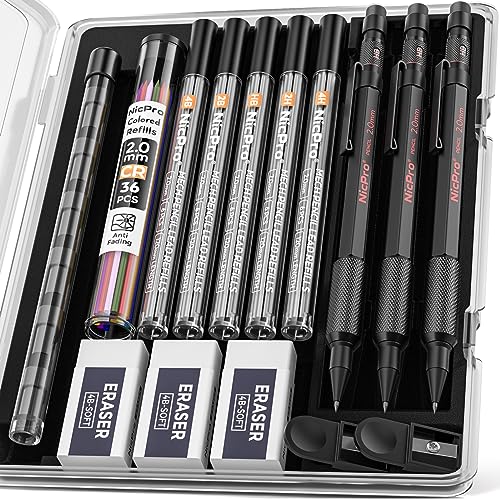 Nicpro 2mm Metal Mechanical Pencils Set with Case, 3 Pack Black | 69 Lead Refills (4B 2B HB 2H 4H Color), Eraser, Weatherproof Metal Barrel, Heavy Duty Carpenter Pencil For Writing Drawing - size: 3 Pack