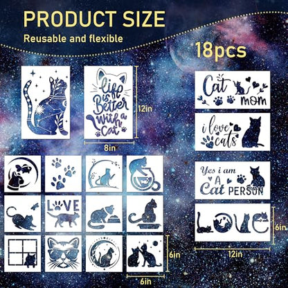 Keluna Cat Stencils - 18 Pack Reusable Plastic Drawing Templates for DIY Cat Painting Crafts on Wood, Canvas, Wall, Bag, Scrapbook & Home Decor - style: cats