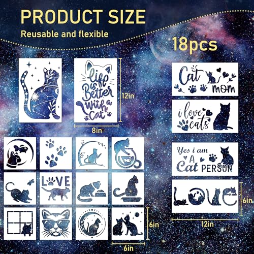 Keluna Cat Stencils - 18 Pack Reusable Plastic Drawing Templates for DIY Cat Painting Crafts on Wood, Canvas, Wall, Bag, Scrapbook & Home Decor - style: cats