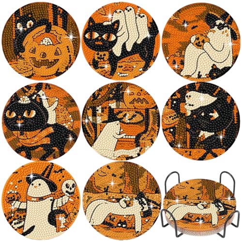 DOTSOPS 8 PCS Halloween Diamond Art Kits for Adults Diamond Art Coasters - color: Halloween