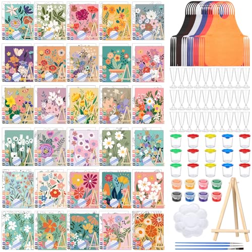 Sherr 285 Pcs 30 Sets Sip and Paint Kit for Adults,Floral | Pre Drawn Canvas to Paint for Adults, Acrylic Paints, Brushes, Easels, Date Night, Birthday Party Gifts - style: Colorful Flower