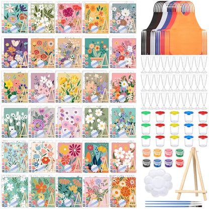Sherr 285 Pcs 30 Sets Sip and Paint Kit for Adults,Floral | Pre Drawn Canvas to Paint for Adults, Acrylic Paints, Brushes, Easels, Date Night, Birthday Party Gifts - style: Colorful Flower