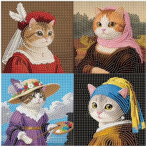 FlyingMage 5D Diamond Art Painting Kits for Adults, 4 Pack Cute Animal Full Drill Diamond Dots Paintings, DIY Diamond Crafts and Art Mosaic Kits, Kawaii Paint with Diamonds (Oil Painting Cats) - color: Oil Painting Cats