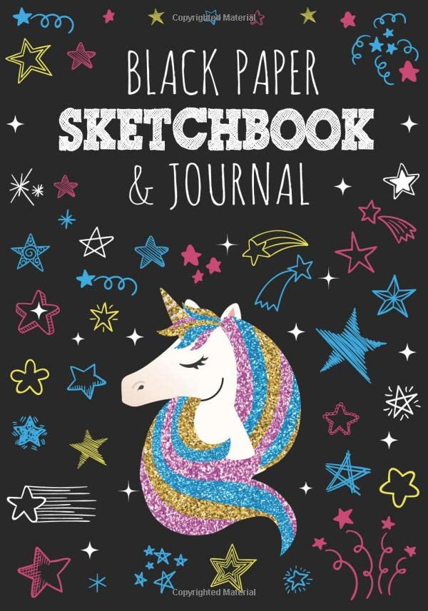 Black Paper Sketchbook & Journal: Unicorn Notebook with Lined & Blank Pages For Boys Girls Kids 7"x10" Sketch Book For Writing Doodling Sketching / Doodle Art Supplies Gift / Drawing Pads For Gel Pens
