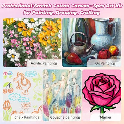 5 Pack Stretched Canvas for Painting, 5 Size 4x4” to 12x16, 100% Cotton with Natural Cottonseed Husk, 5/8" Thick Frame, Triple-Primed, Warp-Resistant, Ready to Paint for Acrylics, Oils - size: 5pk-4x4 to 12x16 inch