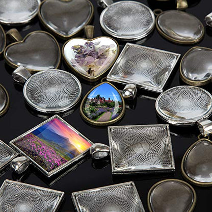 60Pcs Pendant Trays 5 Styles Resin Jewelry Making Kit with Glass Cabochons - color: 30Pcs Metal Pendant+30pcs Bright Glass Cabochon