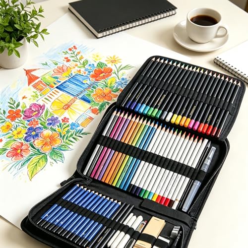 Smilo 76-Piece Art Supplies Sketching Kit with Sketchbook and Travel Case | Graphite Charcoal Watercolor Metallic and Woodless Pencils, Art Knife, Sandpaper Block, Drawing Set for Adults and Beginners - style: 76pcs Art Supplies