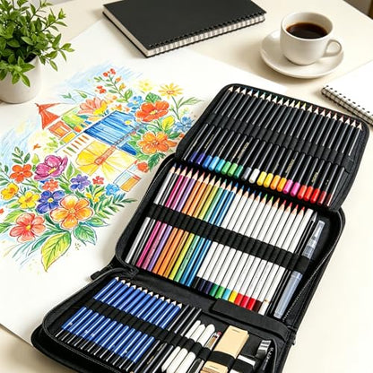 Smilo 76-Piece Art Supplies Sketching Kit with Sketchbook and Travel Case | Graphite Charcoal Watercolor Metallic and Woodless Pencils, Art Knife, Sandpaper Block, Drawing Set for Adults and Beginners - style: 76pcs Art Supplies