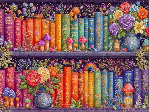 5D Diamond Painting Kit for Adults, Book FlowerDiamond Art Kits 12x16In | Full Round Drill Bookshelf Gem Painting Paint by Diamonds Relaxing DIY Craft for Home Wall Decor - color: KM1204-1