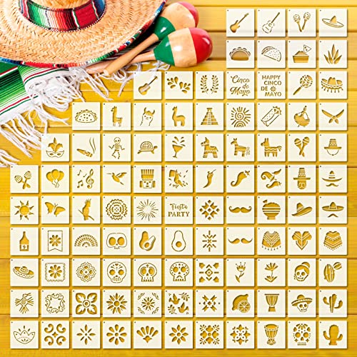 Fainne 100 Pcs 2 Inch Mexican Stencils Small Stencils for Painting | Reusable Craft Stencils, DIY Scrapbook, Wood Wall Fabric Rock Chalkboard Sign Painting, Home Art Decor Projects - style: Mexican Festival