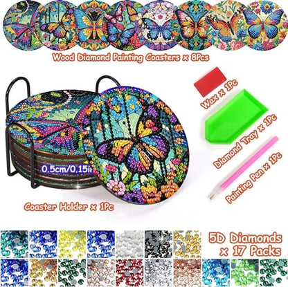 Mrnsiet 8 Pcs Butterfly Diamond Painting Coasters Kits with Holder, DIY Butterfly Diamond Art Coaster Non Slip Coaster for Tabletop Protection 4x4 Inch - color: BD8P2404