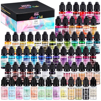 LET'S RESIN 64pcs Alcohol Ink Set, 9 Pastel and 9 Metallic Colors