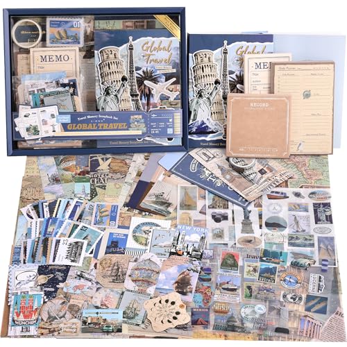 emmoolife Scrapbooking Supplies Kit, Daily Life World Travel Scrapbook Kit for Bullet Junk Journal, Stationery, A6 Grid Notebook, DIY Journaling Supplies, Birthday Craft Gift Teen Women - color: Journey