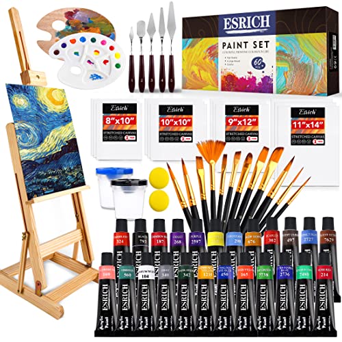 ESRICH 60PCS Acrylic Paint Set for Adults with Table Wood Easel | Painting Brushes, 12 Canvas, Palette, Paint Knives, Brush Cup and Art Sponges for Adults Hobbyists and Beginners - style: 60