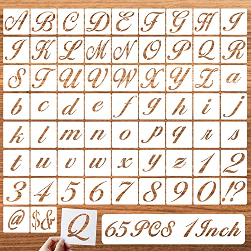 1 Inch Letter Symbol Stencils for Painting on Wood, 65 Pcs Alphabet Drawing Templates with Calligraphy Large Font and Cursive Letters Numbers Signs, Reusable Plastic Art Craft Stencils - size: 1 Inch