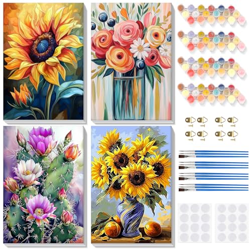 Bowetile 4 Pack Flowers Paint by Numbers for Adults Beginners Framed, Sunflower Adults' Paint-by-Number Kits, Easy Adult Paint by Number Kits on Canvas, Acrylic Number Painting for Home Decor, 8x12in - color: 8x12in-4-Sunflower-04