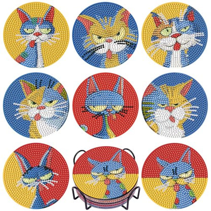 DOTSOPS 8 PCS Cat Diamond Art Coasters Kits for with Holder Beginners 4 in - color: Ecat