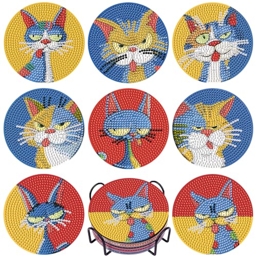 DOTSOPS 8 PCS Cat Diamond Art Coasters Kits for with Holder Beginners 4 in - color: Ecat