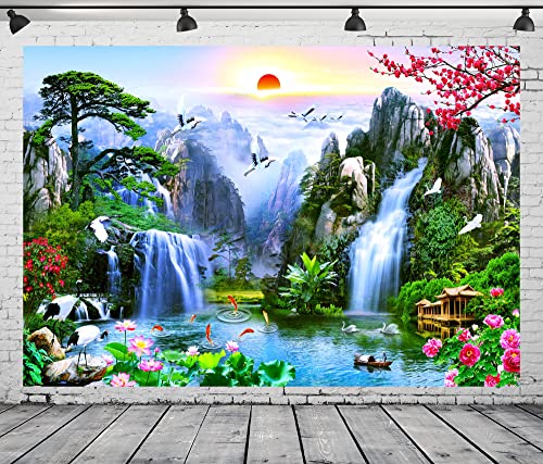 BELECO 15x10ft Fabric Fairyland Mountain Lake Photography Backdrop Waterfalls Swans Fish Flowers Dreamy Natural Landscape Painting Background Wall Murals Home Decor Kids Adults Portrait Photoshoot - size: 15x10FT