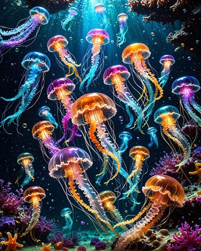 Paint By Numbers Kit For Adults Beginner, Colourful Jellyfish Adult Paint By Number Kits On Canvas Ocean Animal Adults' Paint-By-Number Kits Diy Oil Painting Kits For Gift Home Wall Decor 16x20 Inch - color: DD039