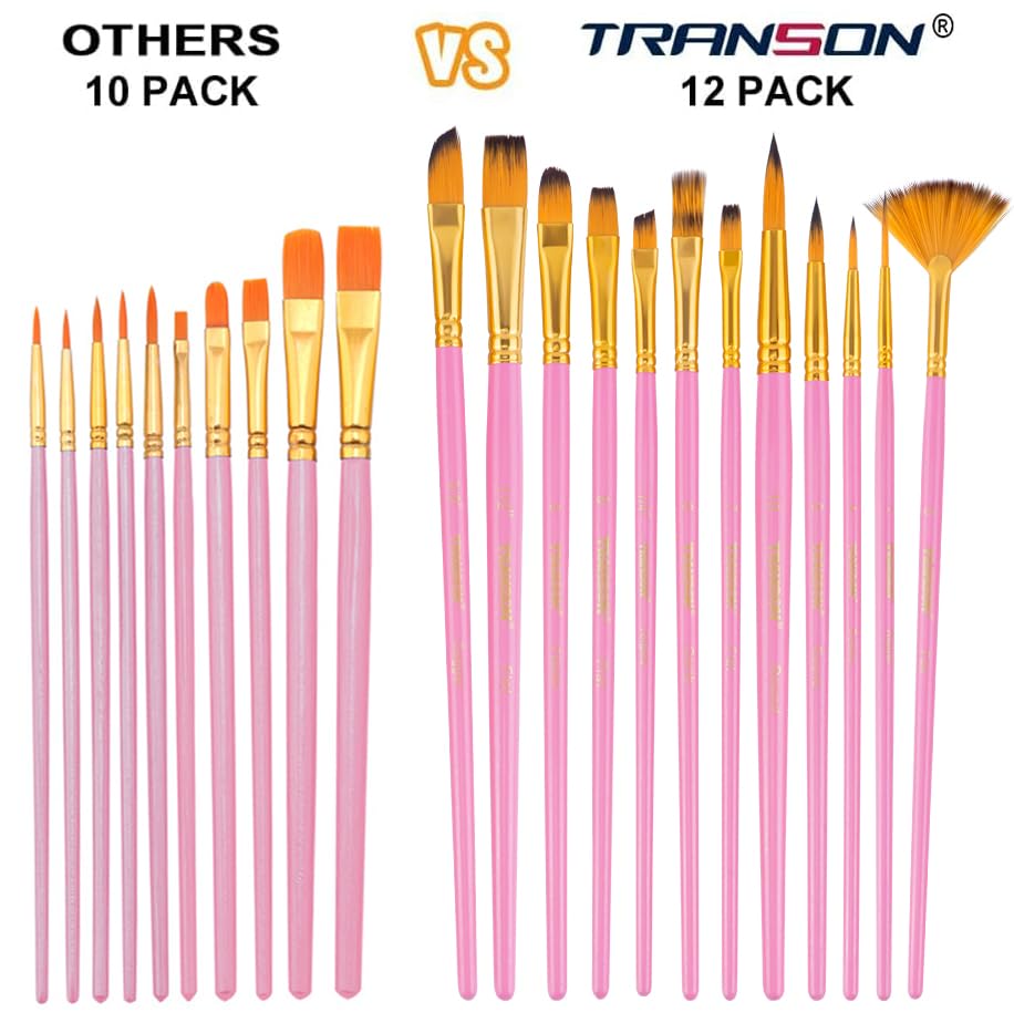 Transon Artist Paint Brush Set of 12 for Acrylic Watercolor Gouache Oil Craft Painting Pink - color: 12 Pcs Pink