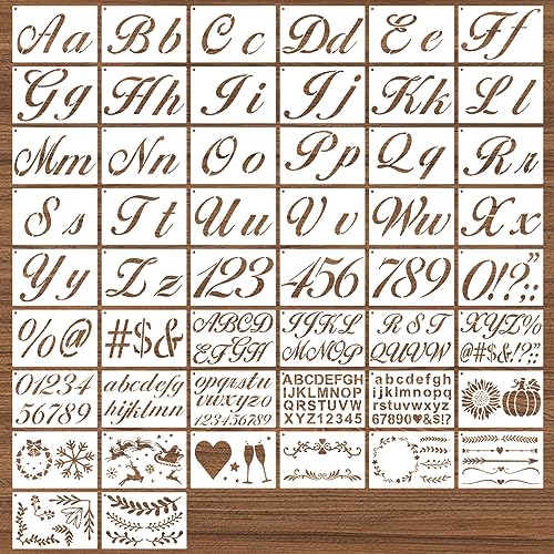 BAMIDELE Letter Stencils for Painting on Wood, 50 Pcs Calligraphy Alphabet Drawing Templates with Numbers, Signs, Flowers, Reusable Cursive Plastic Art Craft Stencils - style: Calligraphy Letter Stencils