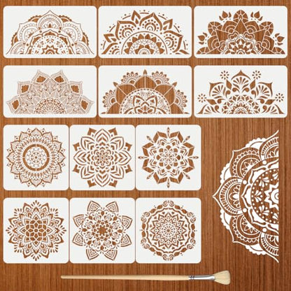 12Pack Large Mandala Stencils for Painting on Wood 18x10 in and 12x 12 in Damask Stencils for Walls Reusable Floral Texture Stencil with Brushes Drawing Templates for Floor Furniture Tile Fabric - style: Mandala Stencils-12PCS