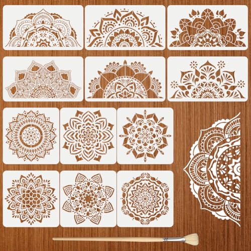 12Pack Large Mandala Stencils for Painting on Wood 18x10 in and 12x 12 in Damask Stencils for Walls Reusable Floral Texture Stencil with Brushes Drawing Templates for Floor Furniture Tile Fabric - style: Mandala Stencils-12PCS