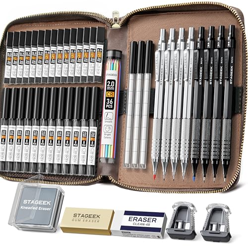 STAGEEK 45PCS Black & Silver Metal Mechanical Pencil Set in Leather Case | 8PCS Art Drafting Pencils, 0.5, 0.7, 0.9, 2.0MM Mechanical Drawing Pencils, 28 Tube (6B 4B 2B HB 2H 4H & Colors) Lead Refills - color: Black & Silver, style: 0.5 0.7 0.9 2.0