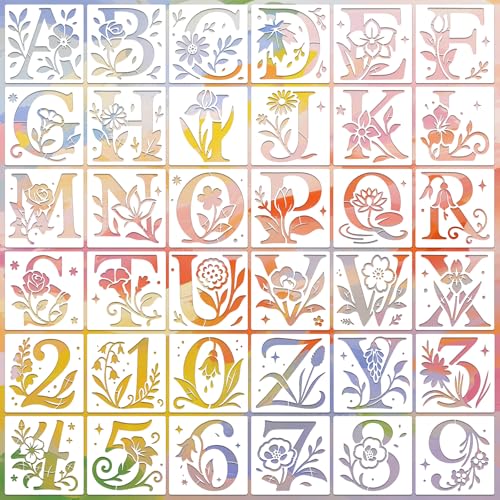 Letter Stencils for Crafts Reusable 36Pcs Number Stencils(5.1X5.1 Inch) - color: Floral Letter