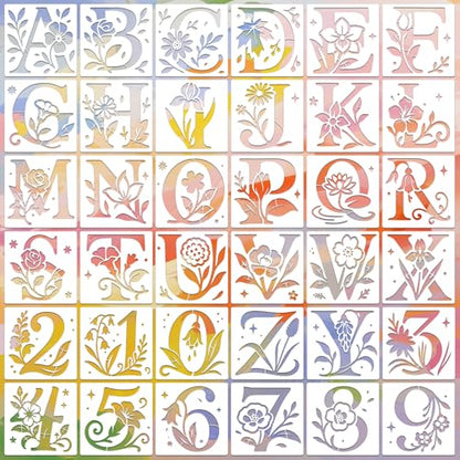 Letter Stencils for Crafts Reusable 36Pcs Number Stencils(5.1X5.1 Inch) - color: Floral Letter